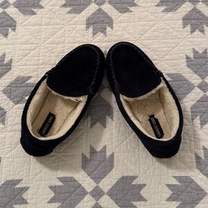 Lands End Kids Slip On Lined Moccasin Slippers Size 3 Navy Blue Rubber Sole